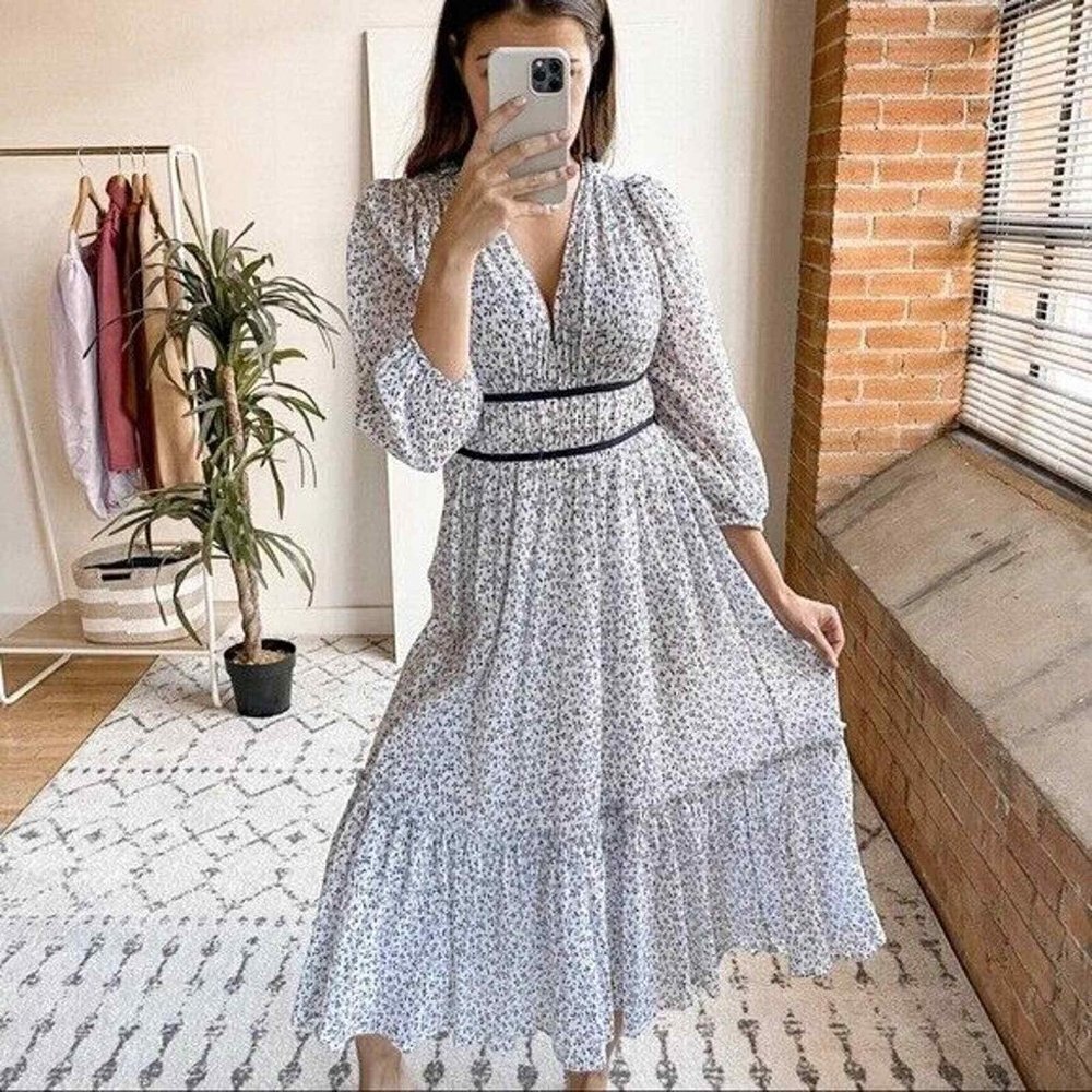 Ulla Johnson Malena Vine Floral Blouson Sleeve V-Neck Ruffle Midi Dress